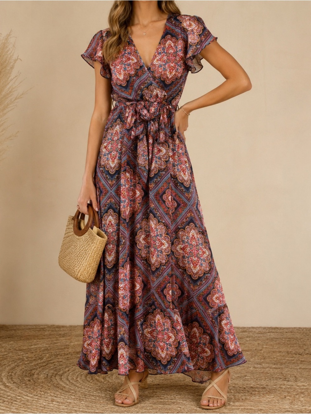 Floral Patchwork Wrap Maxi Dress - Rust Floral